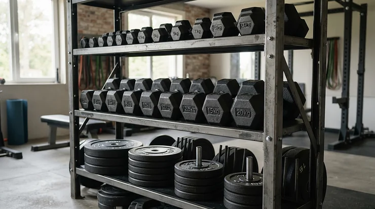 Black iron kettlebell set with rack displayed in a contemporary home gym