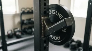 Close-up of a durable black steel A-frame dumbbell rack with rubber saddles