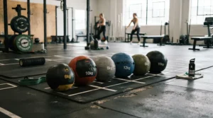 A circuit training station featuring various weight options of colour-coded kettlebells for studio training.