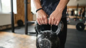 A close-up view of hands gripping the handle of colour-coded kettlebells for studio training during a routine.