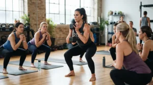 A fitness instructor demonstrating a swing exercise using colour-coded kettlebells for studio training.