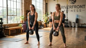 Two gym-goers working out side-by-side with matched colour-coded kettlebells for studio training.