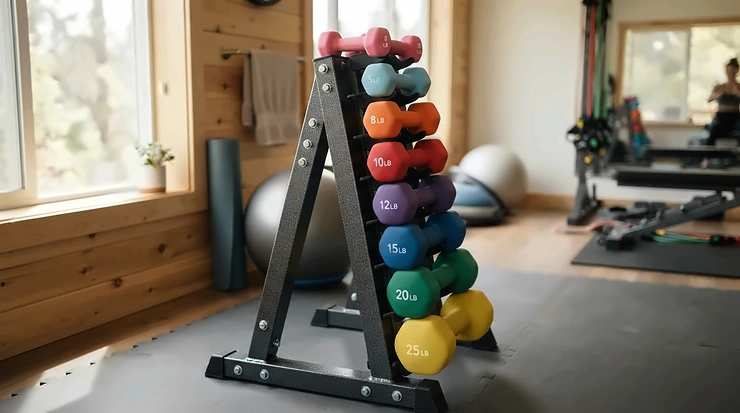 A neat display of colour-coded kettlebells for studio training arranged on a metal rack inside a modern fitness facility.