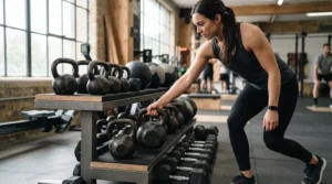 A gym member selecting the right weight from an assortment of colour-coded kettlebells for studio training.