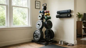 Compact kettlebell set with rack neatly fitted into a spare room gym corner