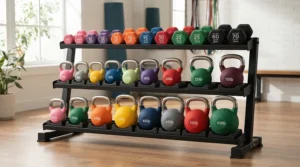 Complete kettlebell set with rack ready for a strength training session