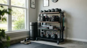 Neatly stored dead bounce slam ball for home gym organisation