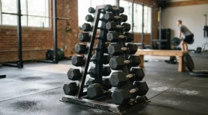 Sturdy A-frame dumbbell rack loaded securely with rubber hex weights