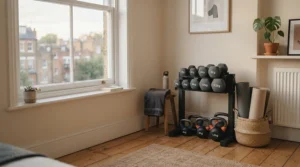 Compact storage solution featuring a kettlebell set for progressive overload in a small urban flat