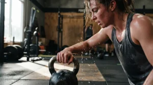 High-intensity conditioning work using a durable kettlebell set for progressive overload during a circuit class