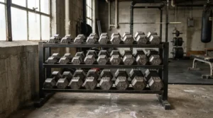 A modular kettlebell set for progressive overload lined up neatly on a rack inside a converted garage gym