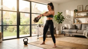 A neat kettlebell set for progressive overload arranged on a mat in a bright lounge during a home workout session