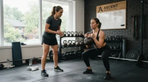 A coach guiding a client through a kettlebell set for progressive overload session in a private training space