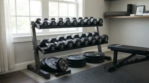 A neat kettlebell set with rack installed in a modern garage gym setup