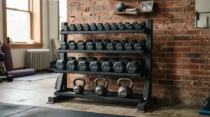 Organised kettlebell set with rack providing efficient garage gym storage