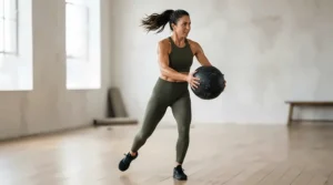 A trainer demonstrating core and rotational training movements with a heavy rubber medicine ball.