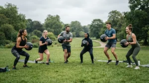 Group fitness participants exercising outdoors with a rubber medicine ball during a park bootcamp class.
