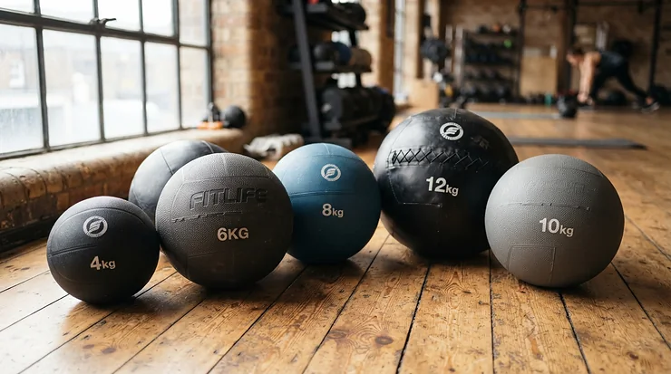 A complete rubber medicine ball set arranged on the floor of a contemporary personal training studio.