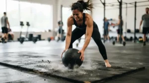A dynamic action shot of a fitness trainer slamming a heavy rubber medicine ball onto a studio floor.