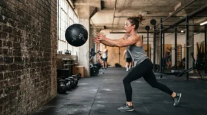 An athlete throwing a high-bounce rubber medicine ball against a brick wall during high-intensity training.