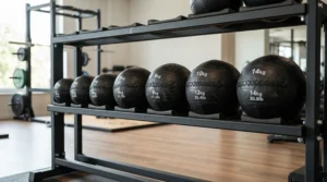 A neat row of various rubber medicine ball weight options displayed on a studio rack.