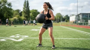 An athlete lifting a rubber medicine ball with handles during an outdoor functional fitness session.