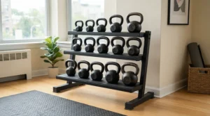 Compact kettlebell set with rack designed for space-efficient home workouts