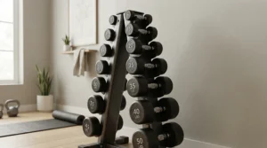 Tidy kettlebell set with rack keeping a home gym floor free from clutter