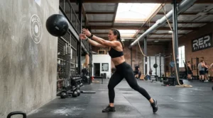 Athlete performing a wall ball for CrossFit movement against a black target in an industrial London box gym