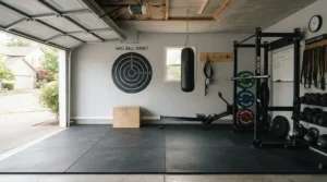 Setting up a home garage gym space for wall ball for CrossFit daily training