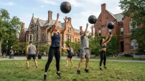 Outdoor bootcamp session incorporating wall ball for CrossFit drills in a British park