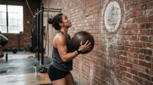 Athlete measuring proper target height while training with a wall ball for CrossFit