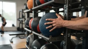 Choosing a 6kg or 9kg wall ball for CrossFit workouts on a storage rack