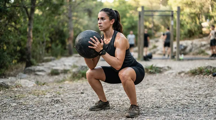 High-intensity WOD routine featuring thrusters and wall ball for CrossFit endurance